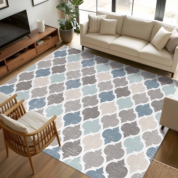5x7 Area Rugs, Teal Blue Grey Geometric Non-Skid Rubber Backing Large Rectangle Rugs - Living Room Bedroom Home Office, Morocco Abstract Art Indoor Floor Mat Carpets Washable Rug
