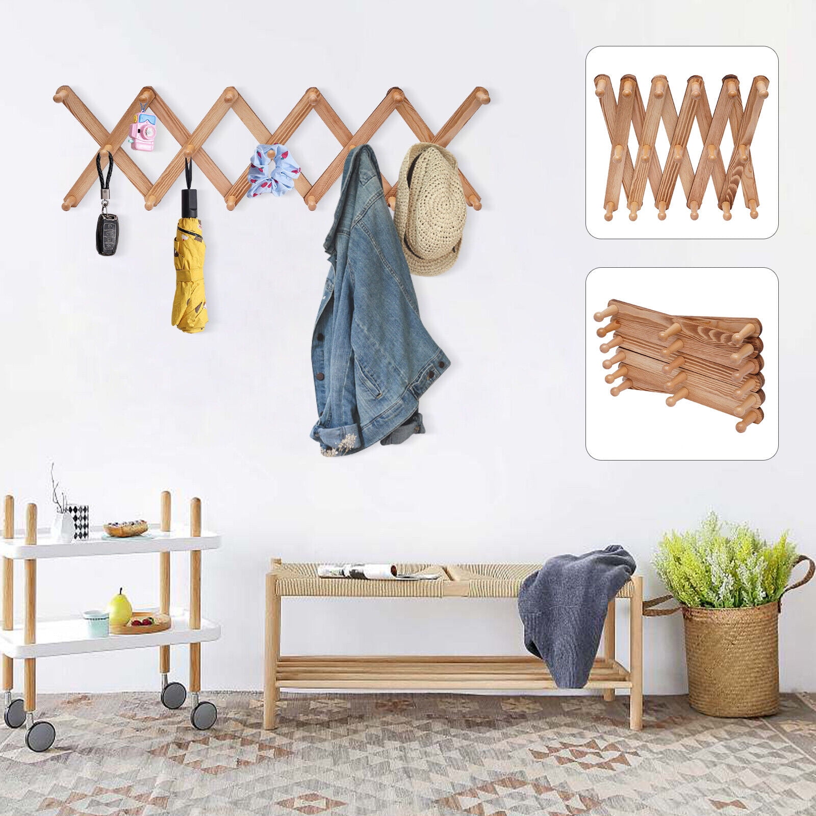 MONIPA 17Hook Accordian Wall Hanger Coat Rack Wooden Expandable Hat Rack WallMounted