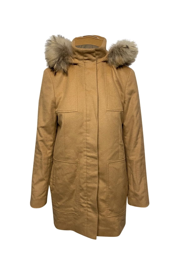 Pre-Owned Boss Coat with Fur-trimmed Hood in Yellow Camel Wool