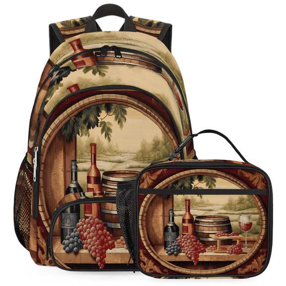 Herdesigns Vintage Wine Theme Large Backpack Set with Lunch Box Lightweight Water Resistant Travel Laptop Backpacks Casual Daypacks for Women Men