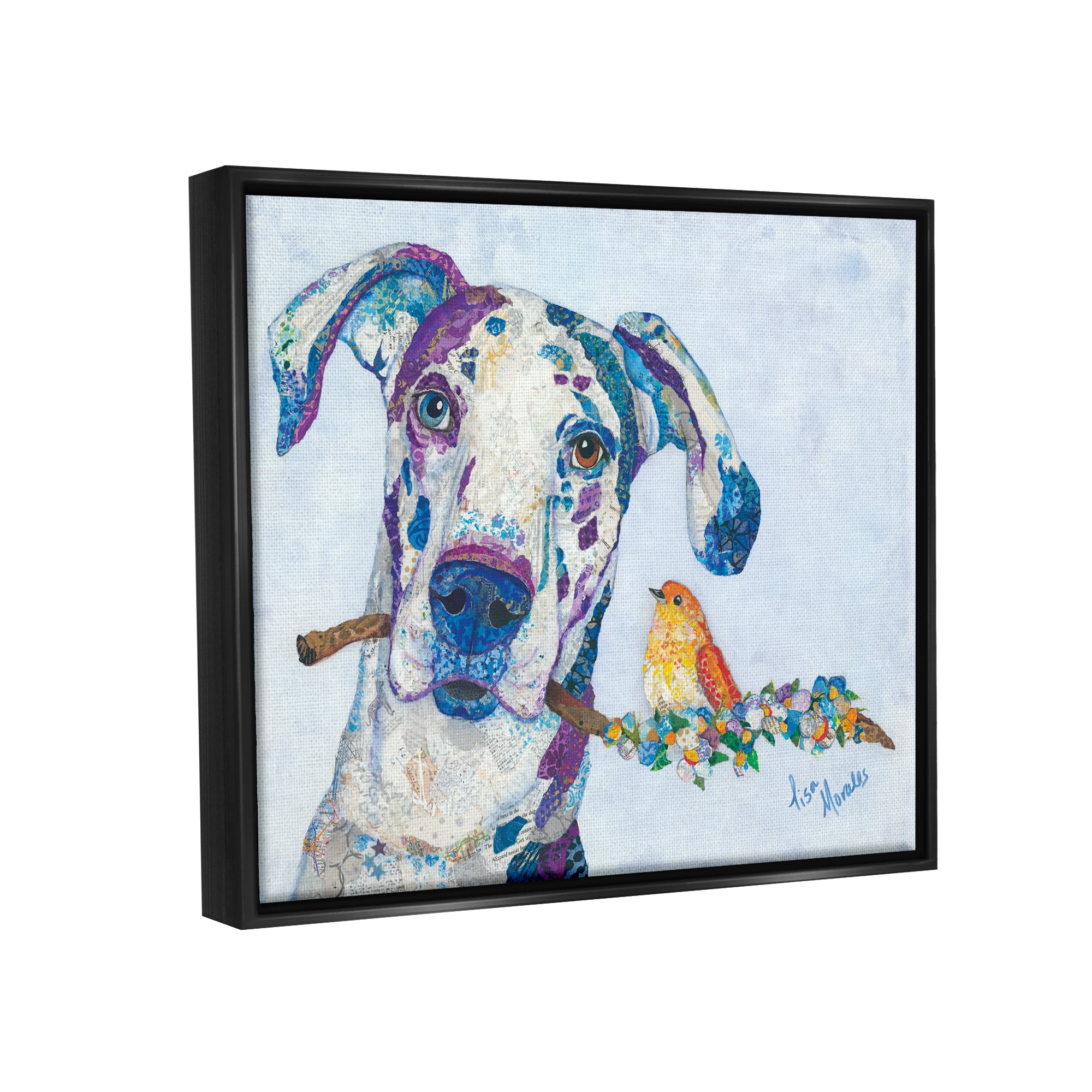 Stupell Industries Dane & Songbird Perched Branch Floral Dog Collage Painting Jet Black Floating Framed Canvas Print Wall Art, Design by Lisa Morales