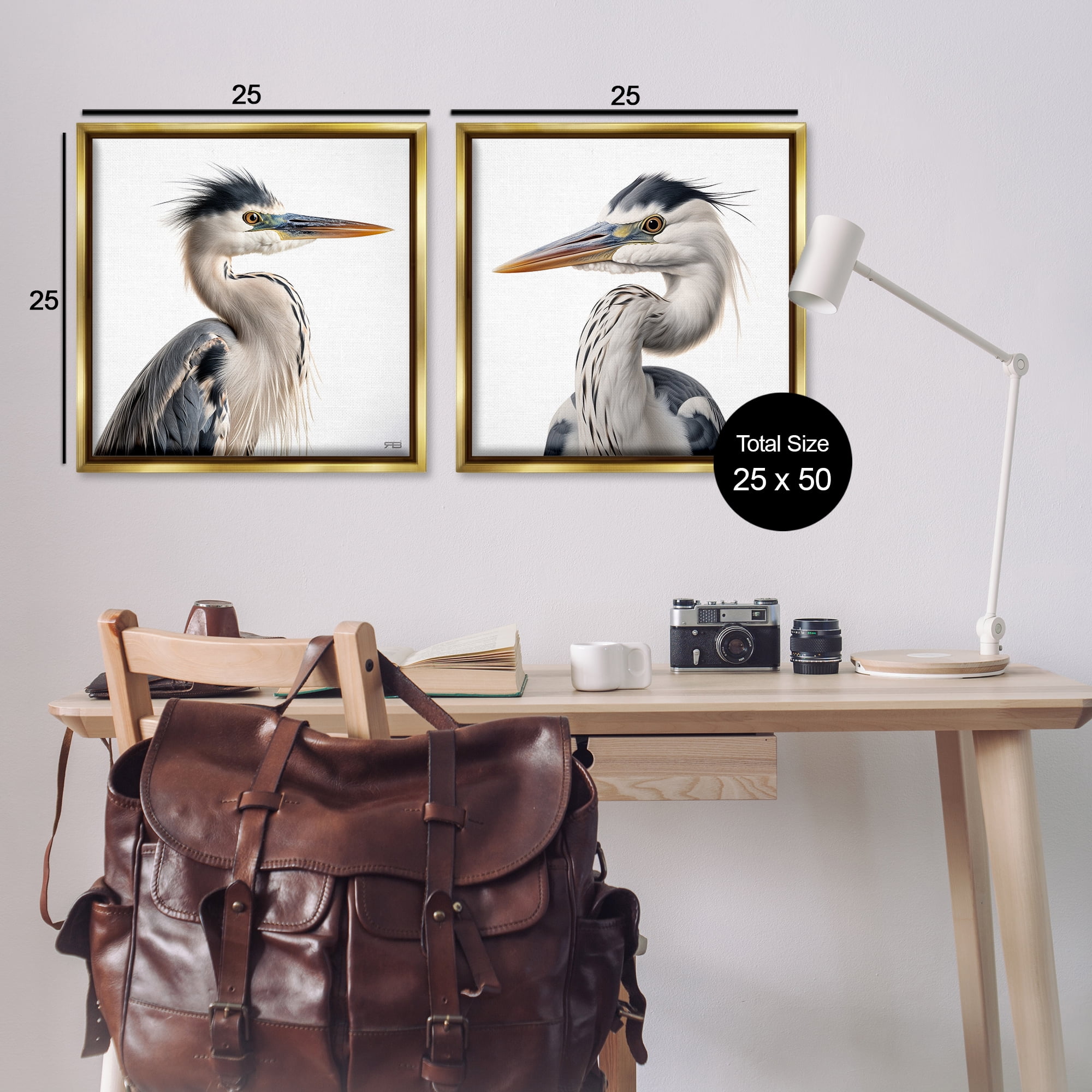 Stupell Industries Young Heron Birds Animals Painting Gold Floater Framed Canvas Art Print Wall Art, 25 x 25, Set of 2