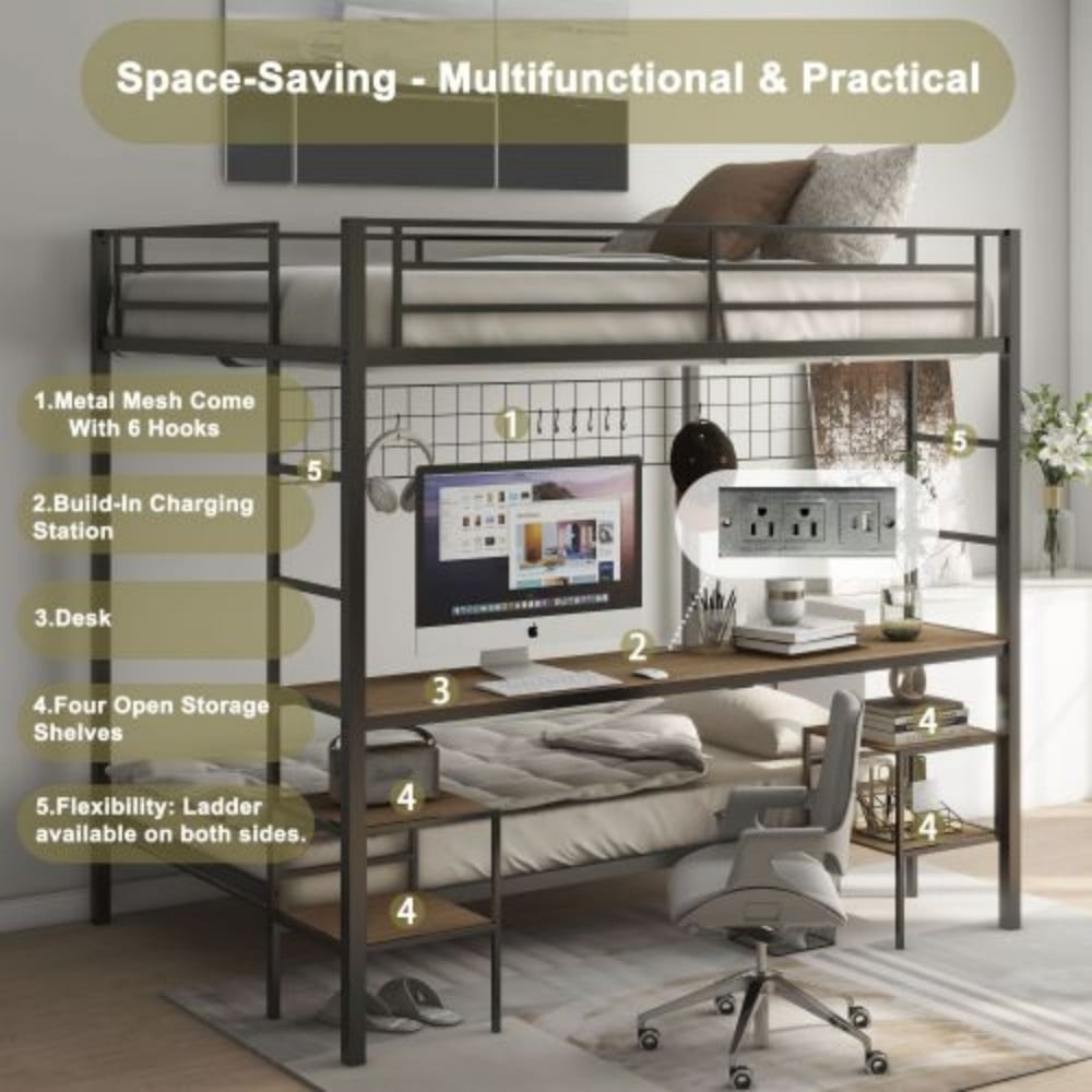 Full Over Twin Bunk Bed with Desk, Charging Station, Storage Shelves, Wire Mesh Panel & Hooks, Guardrails, Stairs, Black & Brown