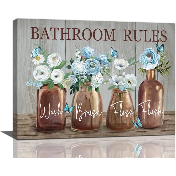 Farmhouse Bathroom Decor Flower Wall Art Butterfly Floral Pictures Wall Decor Bathroom Sign Canvas Painting Prints Artwork Home Decorations Framed for Bedroom 12inx16in