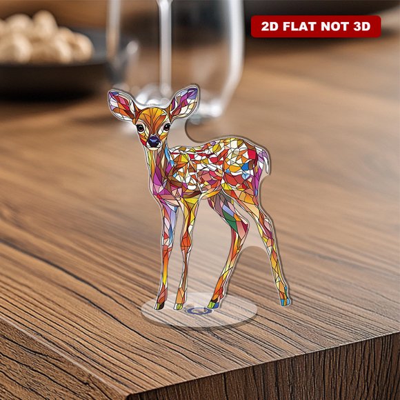 Rotating acrylic ornament featuring a vibrant stained glass fawn design with intricate details against a bright white background