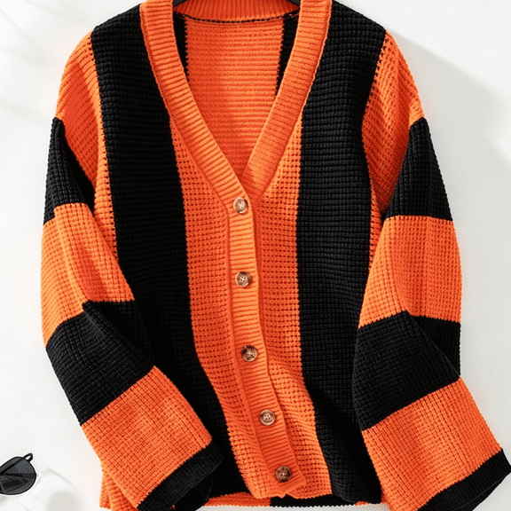 Women's Color Block Striped Cardigan, Long Sleeve Trendy Chunky Knit Button Front Sweater Coat