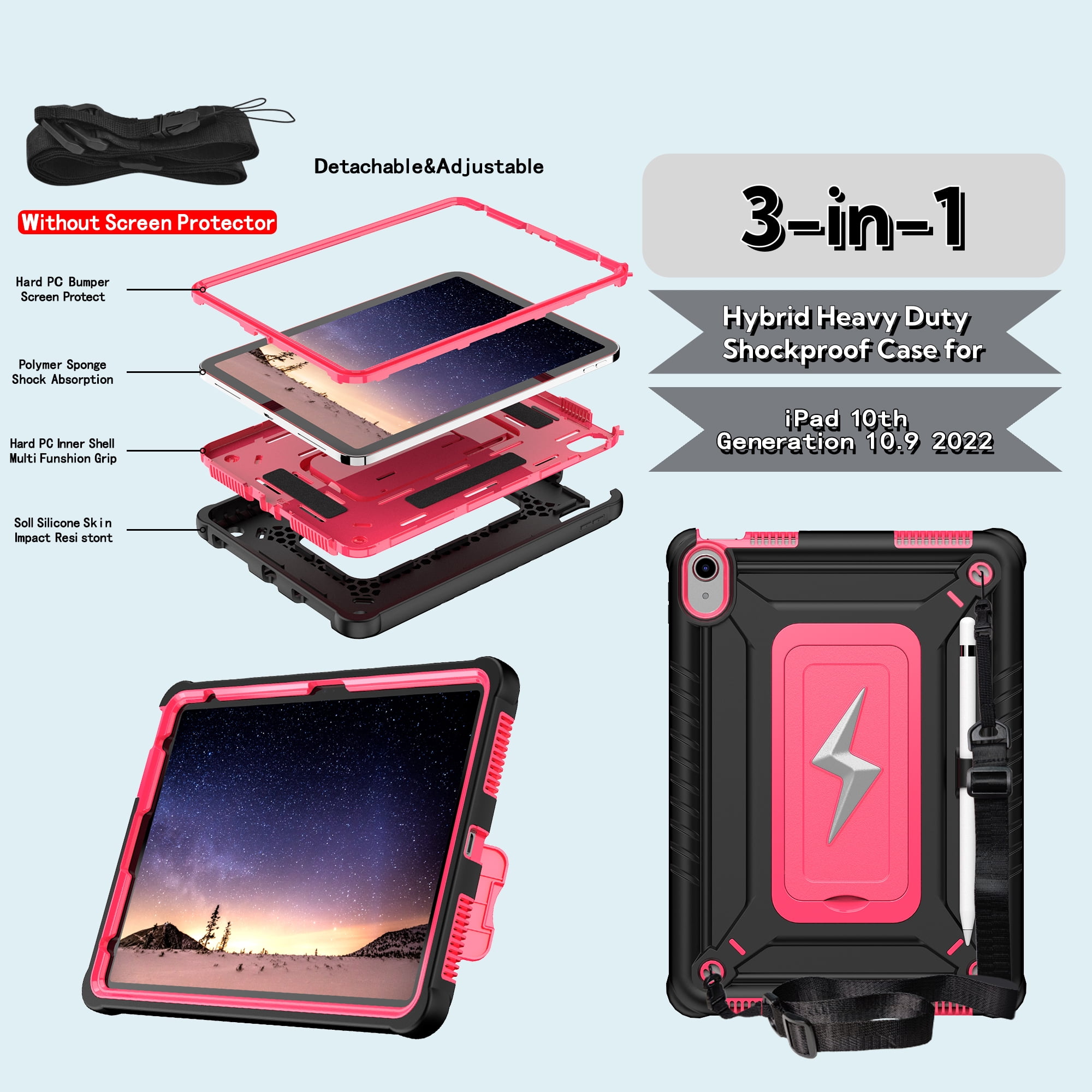 ELEHOLD For iPad Air 3rd Generation 2019 / iPad Pro 2017 10.5 inch ,Rugged Shockproof 3-Layer Kickstand Pencil Holder Protective Case with Shoulder Strap for Kids,Outdoor Travel,Blackrose