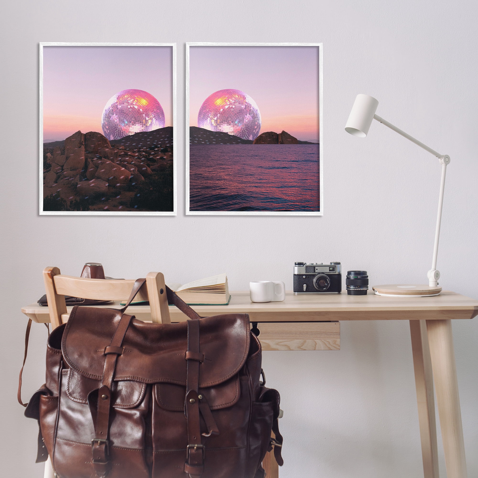 Stupell Industries Surreal Disco Ball Landscape Landscape Painting White Framed Art Print Wall Art, 24 x 30, Set of 2