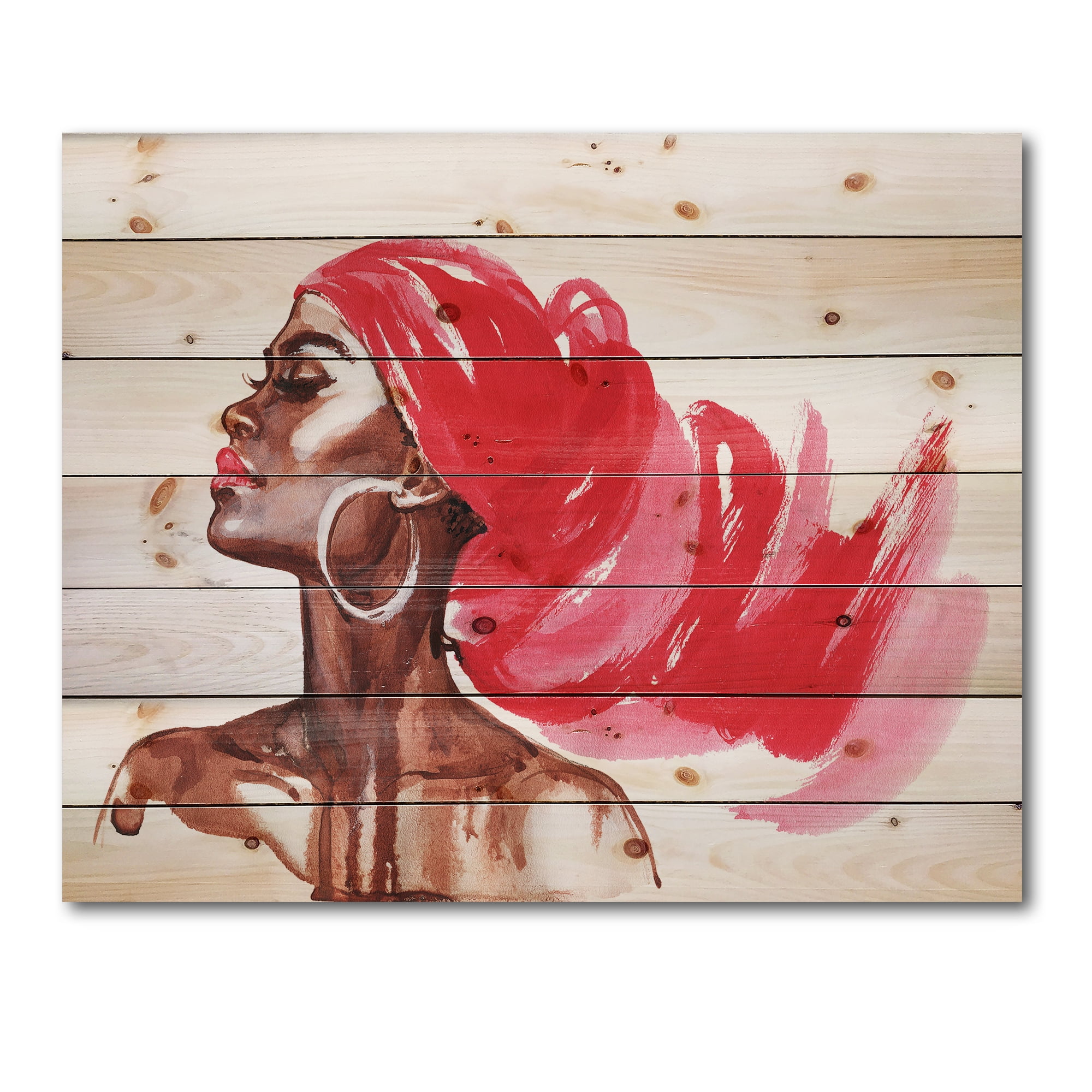 Designart 'Portrait of Afro American Woman IX' Modern Print on Natural Pine Wood