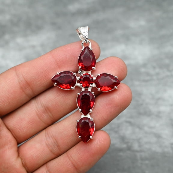 Garnet Pendant 925 Sterling Silver Polished Pendant Garnet Gemstone Pendant Cross Pendant Handmade Pendant Jewelry Garnet Jewelry Gift for Her Mother