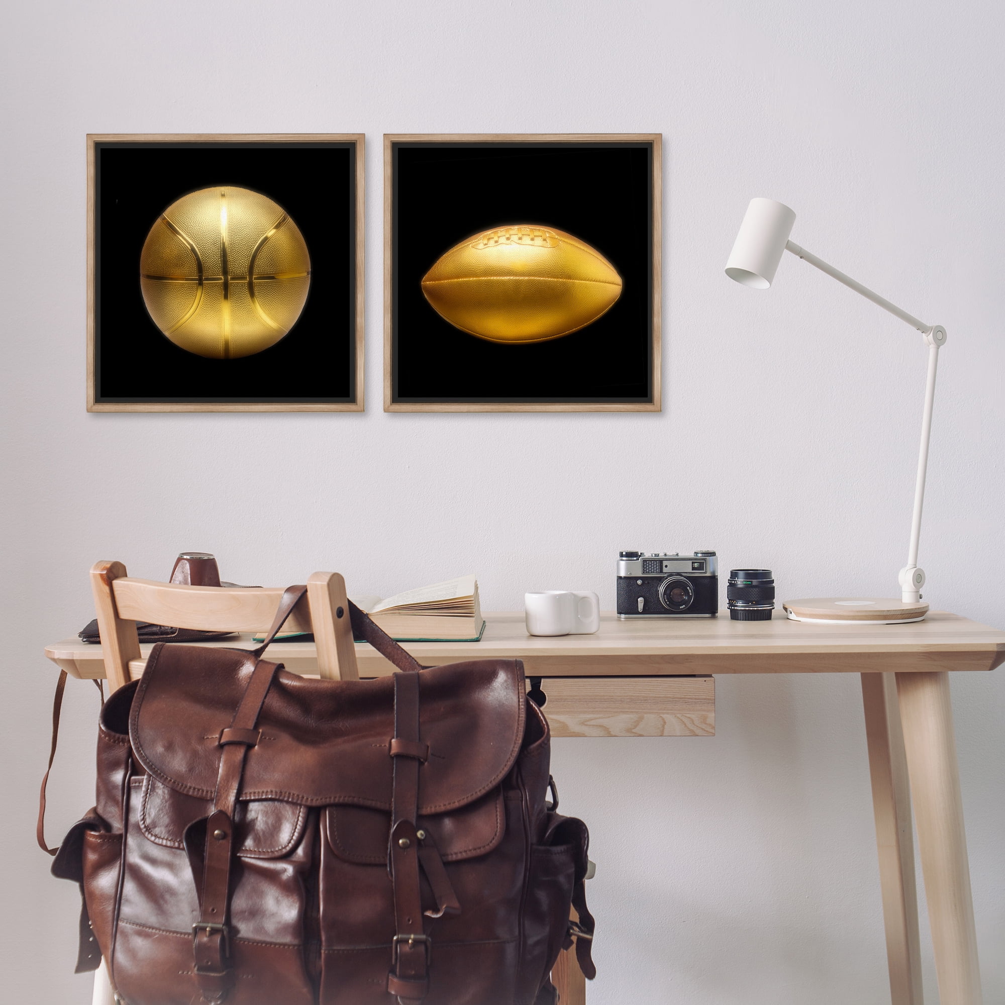 Stupell Industries Golden Designer Sports Balls Sports Painting Brown Floater Framed Canvas Art Print Wall Art, 18 x 18, Set of 2