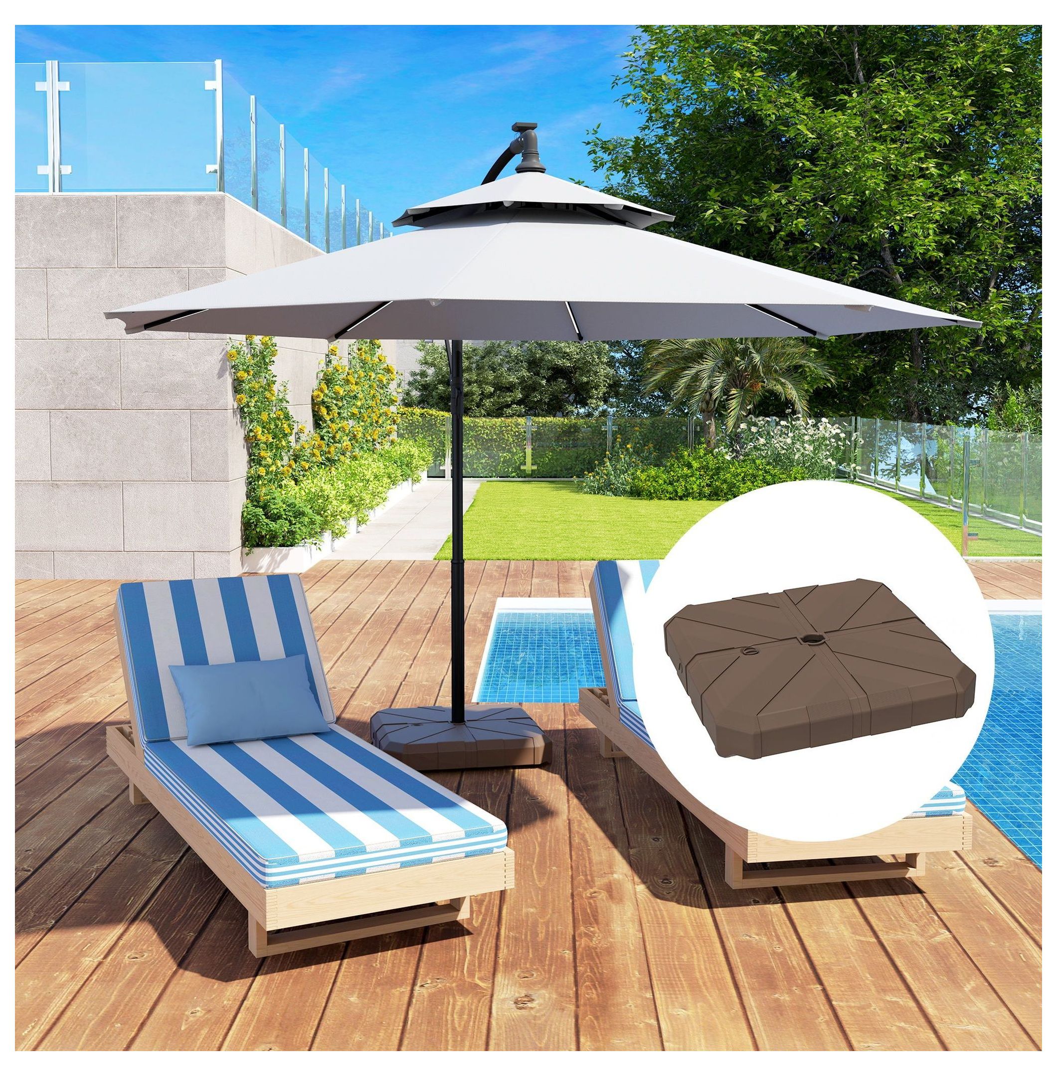 Offset Patio Umbrella Base - Heavy Duty 143lbs Fillable Stand for Garden, Poolside - 2.4" Pole - Brown