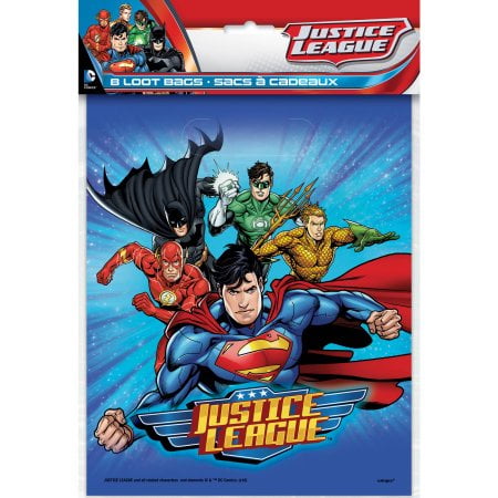 Santas Goodie Box - (3 Pack) Plastic Justice League Goodie Bags, 9 x 7 in, 8ct