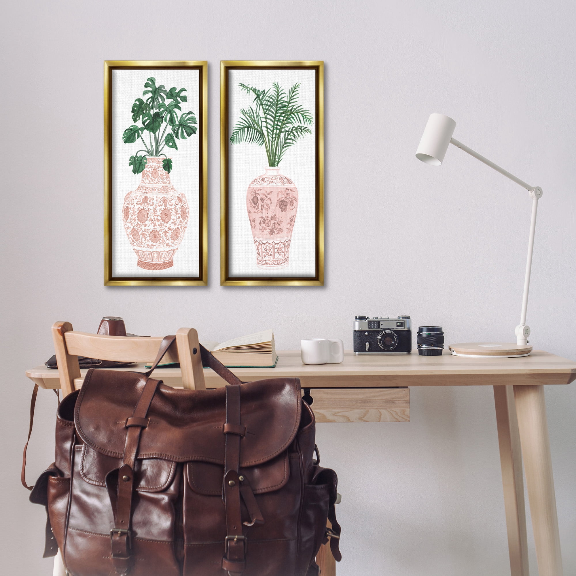 Stupell Industries Plants & Oriental Vases Botanical & Floral Painting Gold Floater Framed Canvas Art Print Wall Art, 11 x 25, Set of 2