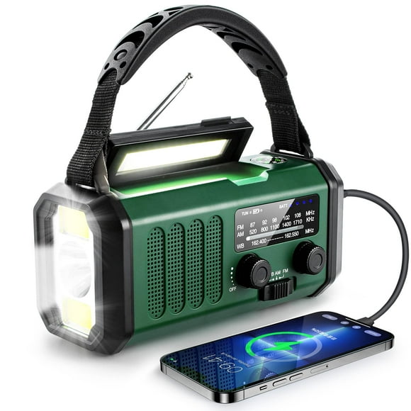 Radio de Emergencia 10000mAh con Manivela - NOAA/AM/FM, Linterna, SOS, Cargador Solar para Teléfono | Batería Recargable, Brújula, Ideal para Exteriores y Emergencias