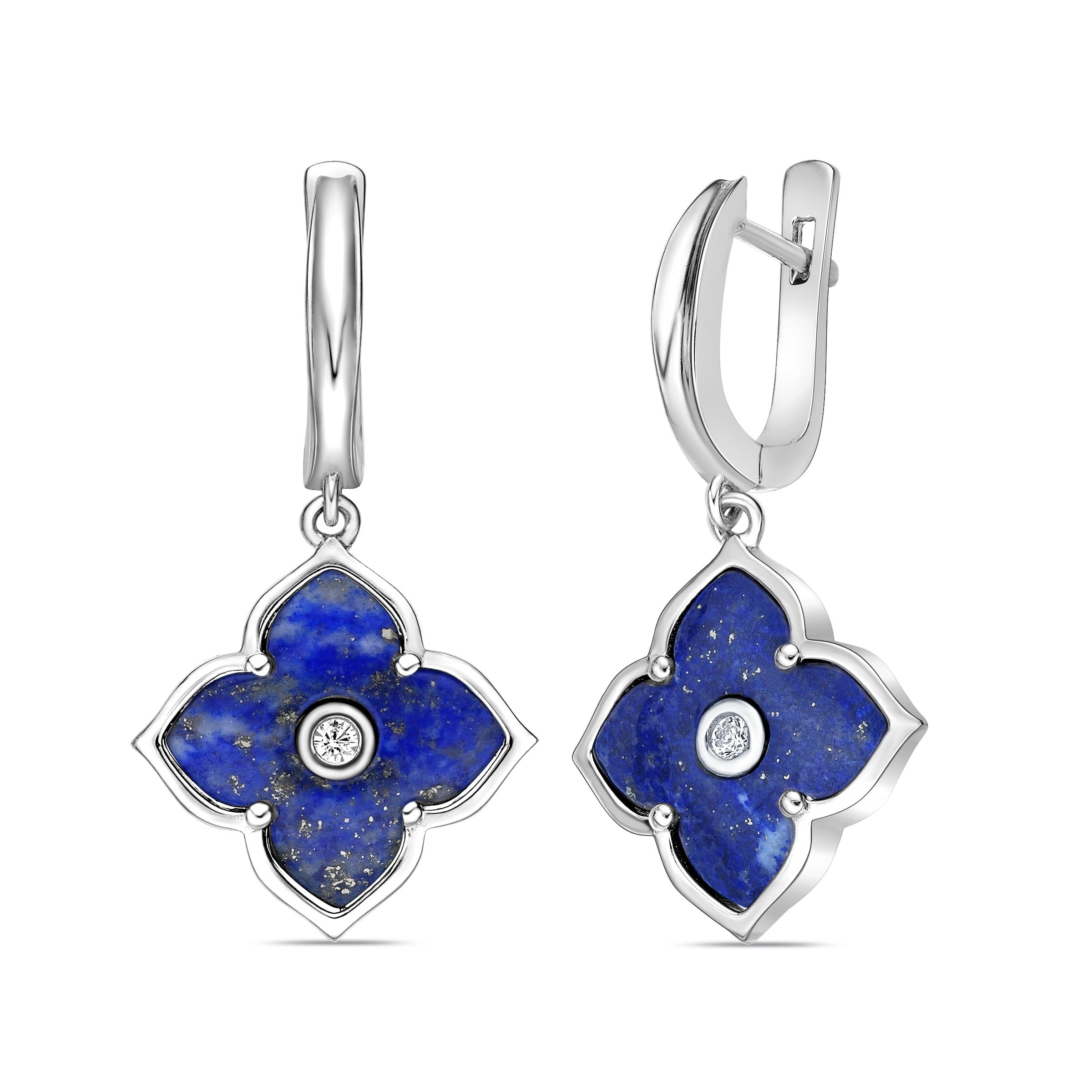 Blue Lapis Flower Dangle Drop Earrings for Women with Cubic Zirconia in 925 Sterling Silver Hinged Back by Lavari Jewelers