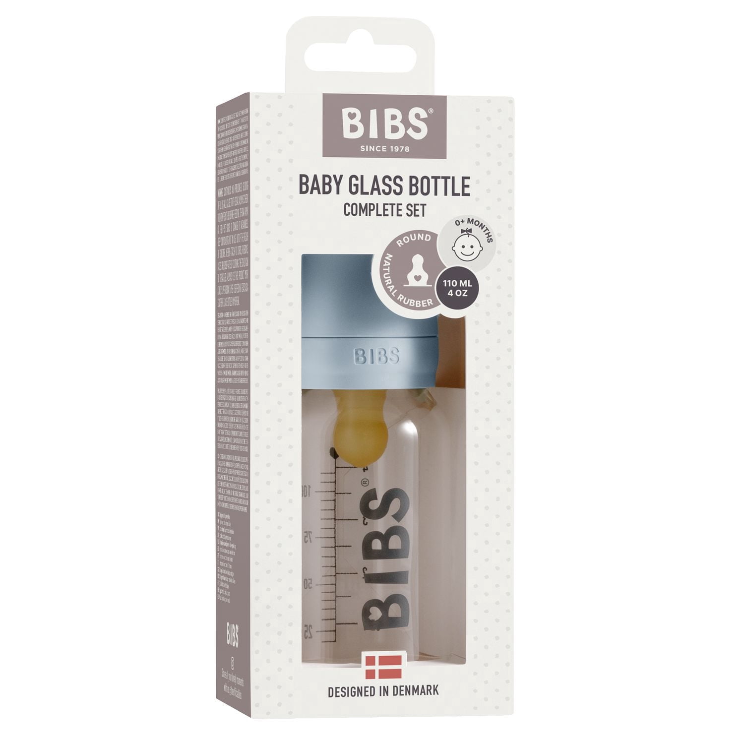 BIBS Baby Glass Bottle. Anti-Colic. Round Natural Rubber Latex Nipple. Supports Natural Breastfeeding, Baby Blue, 110 mL