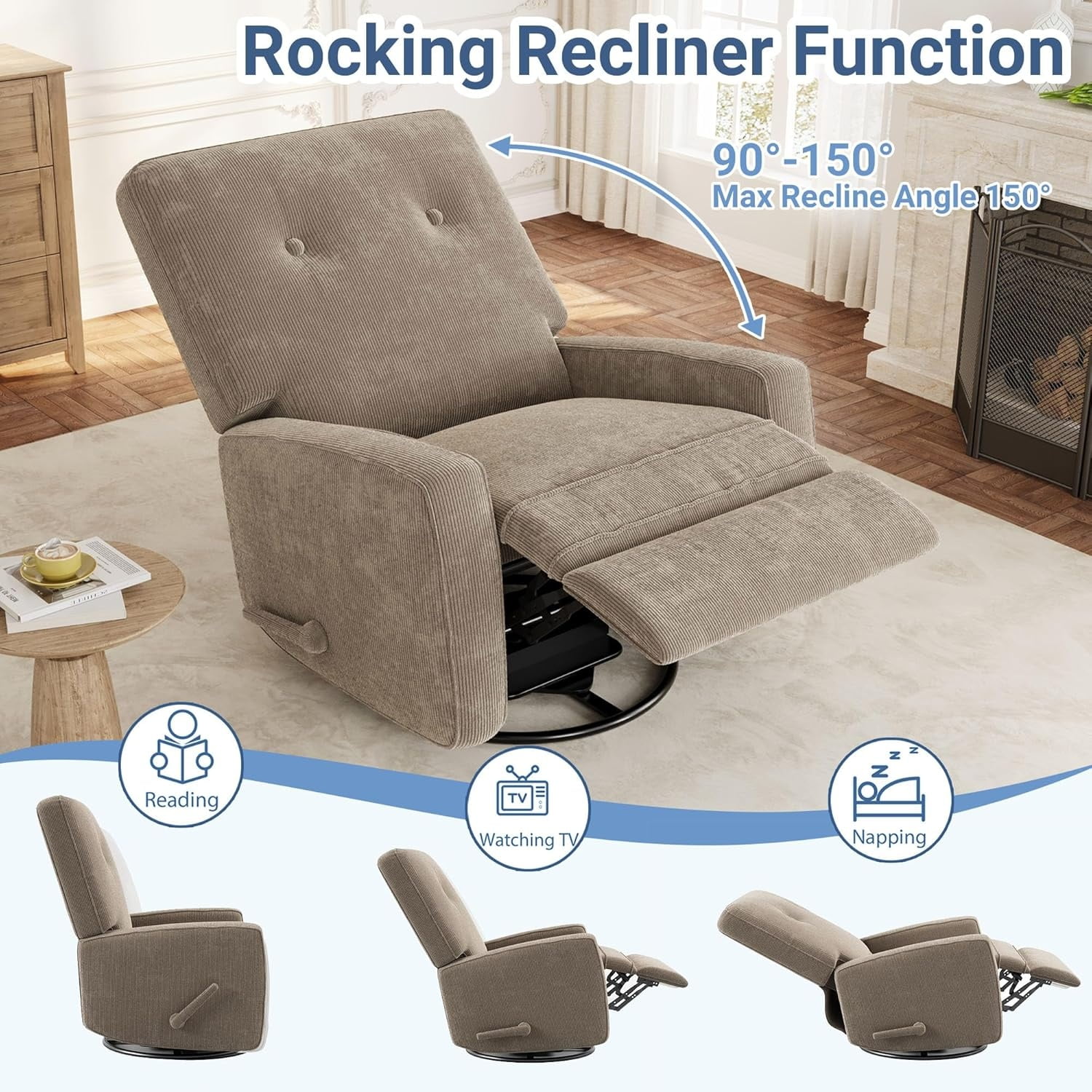 Modern Swivel Glider Recliner for Nursery & Small Spaces 360° Rocking Chair with Adjustable Lumbar Support & Footrest | Corduroy Upholstery for Apartment Living Room & Bedroom
