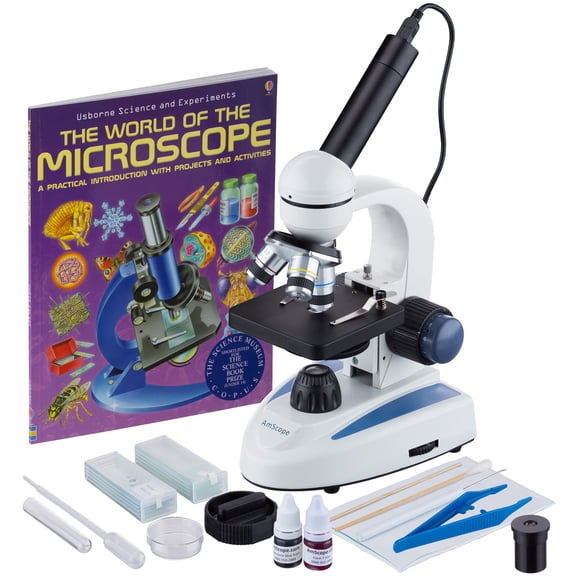 AmScope 40X-1000X Biology Science Metal Glass Student Microscope with USB Digital Camera, Slide Preparation Kit and Book