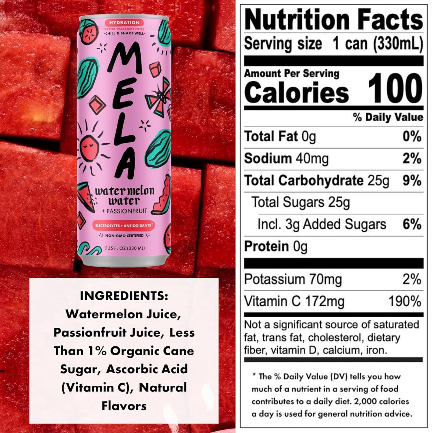 Mela Water Watermelon Juice Drink, Electrolytes & Antioxidants, Refreshing Hydration, Coconut Water Alternative, Vitamin C, Passionfruit, Smooth, 16.9 fl oz (Pack of 12)