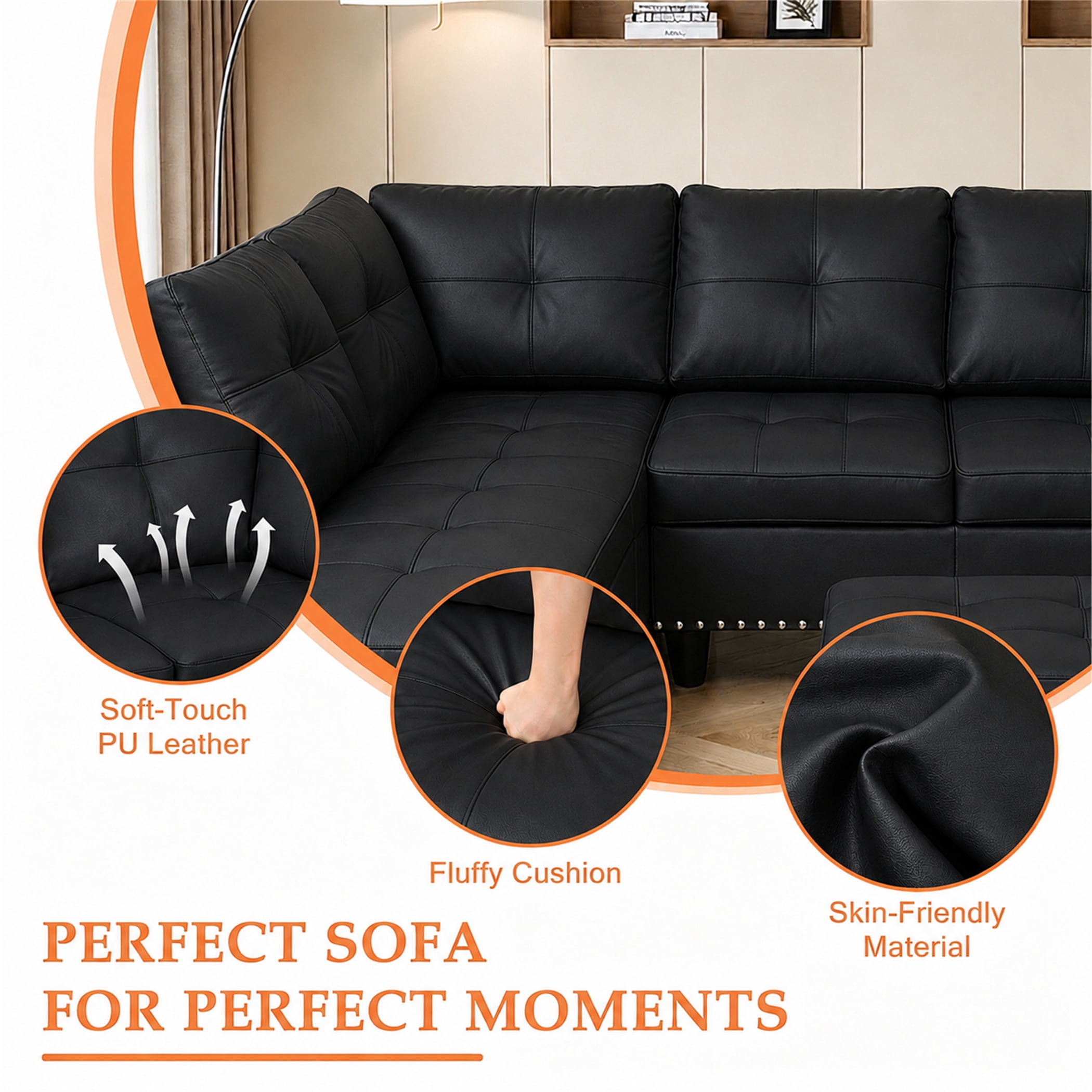 Aukfa 98" L Shaped Sectional Couch with Cup Holder Console, Tufted Back&Nailhead Trim, Oversized Left Chaise Leather Sofa for Living Room, Black