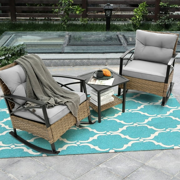 Grey Outdoor Rocking Chair With Firm And Metal, Removable Cushions For Garden In Construction Easy Assembly Balcony