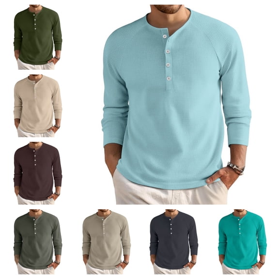 Mens Henley Neck Waffle T-Shirts Casual Long Sleeve Button Up Ribbed Pullover Sweatshirts Tops Cyan 2XL