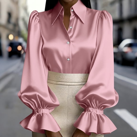 Blmnix Plus Size Valentine Shirts for Women Satin Button Up Blouse Tops Collared Long Sleeve Women's Tops, Tees & Blouses,XL