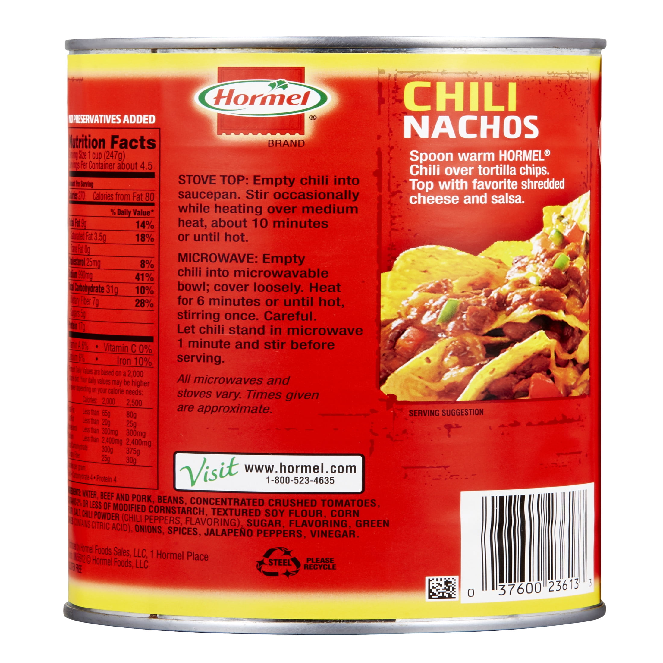 (12 pack) HORMEL Chili with Beans Canned Chili, Shelf-Stable, Large 38 oz Steel Can