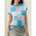 thumbnail image 5 of Michellecmm Women's Knitted Tops Ribbed Checkered Round Neck Short Sleeve Contrast Color Casual Crop T-Shirt, 5 of 9