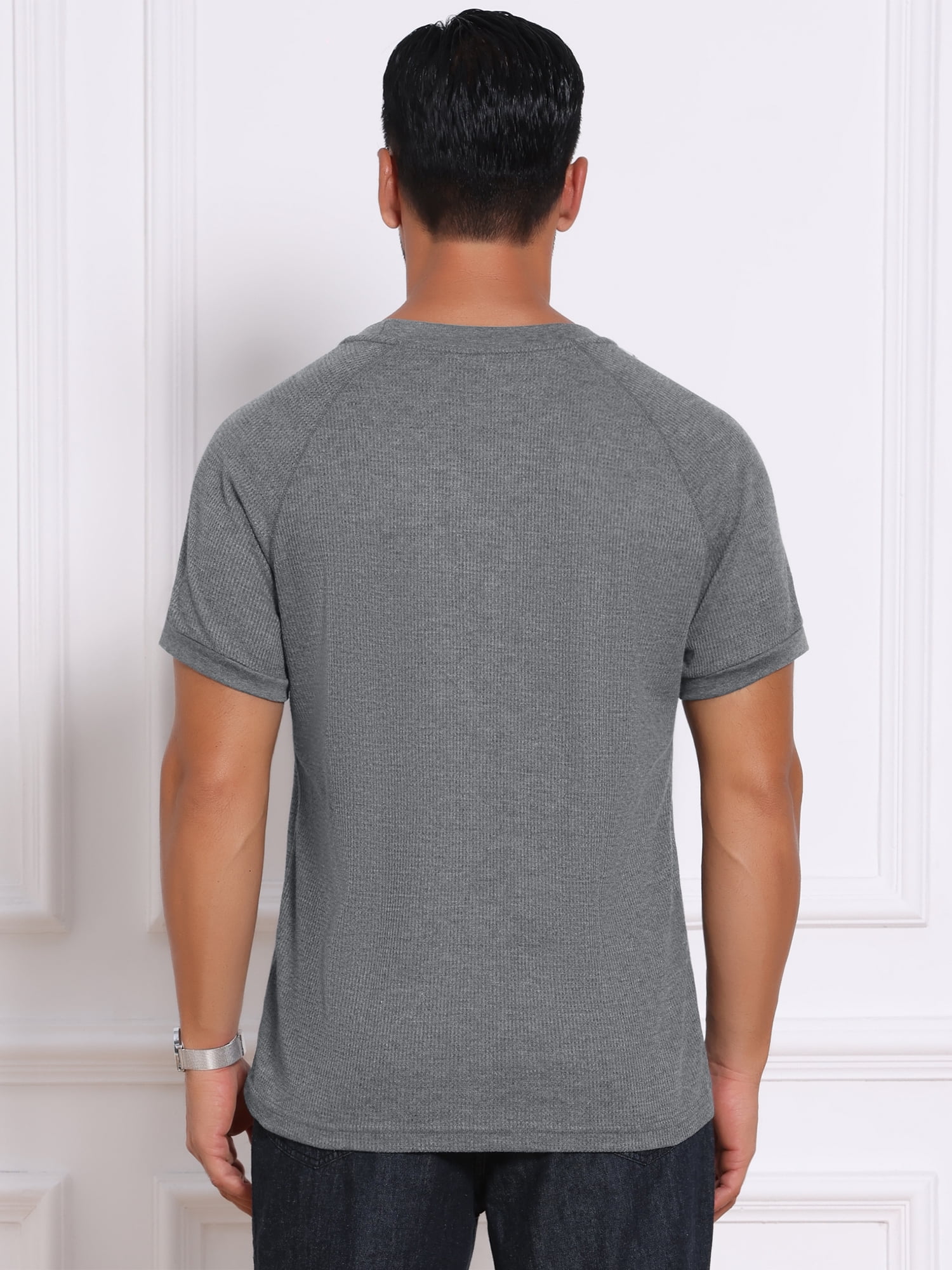 DARING DIVA Men's Waffle Fabric Classic Crew Neck Raglan Short Sleeves L Gray