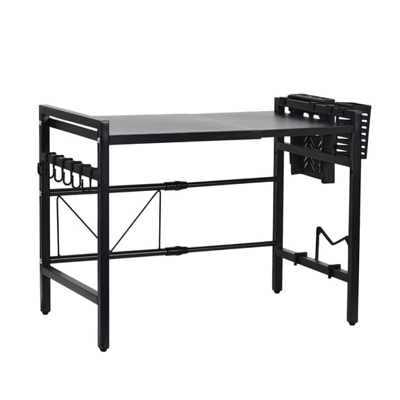 Adjustable Microwave Stand with 1 Shelf, Extendable 15.7"-23.6", Heavy Duty Carbon Steel Kitchen Counter Rack with 3 Hooks, Black