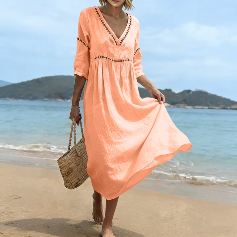 cocolona Linen Dresses for Women Summer Casual Loose Hollow Out V Neck 3/4 Sleeve Long Dress Vacation Beach Sun Dress - Walmart.com cocolona Linen Dresses for Women Summer Casual Loose Hollow Out V Neck 3/4 Sleeve Long Dress Vacation Beach Sun Dress - Walmart.com