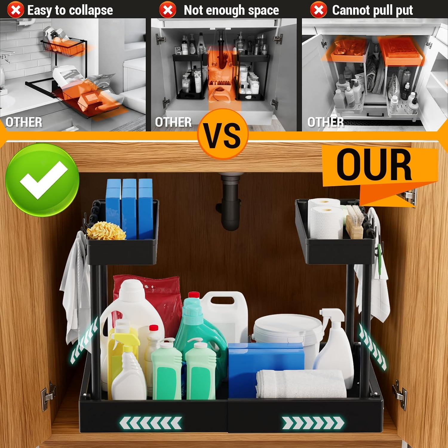 Expandable Under Sink Organizers and Storage, 2 Tier Pull Out Cabinet Organizer with 3 Ball-Bearing Slides, Metal Slide Out Drawers for Kitchen Bathroom, White