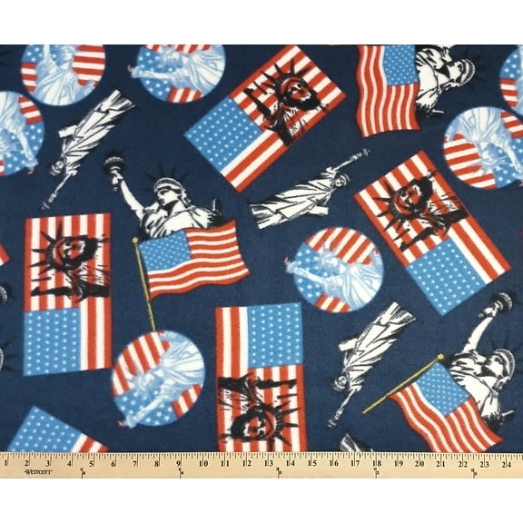 Fleece Lady Liberty Navy Statue of Liberty American Flags Patriotic USA United States of America Independence Day Fourth of July Fleece Fabric Print by the Yard (6121M-10H)