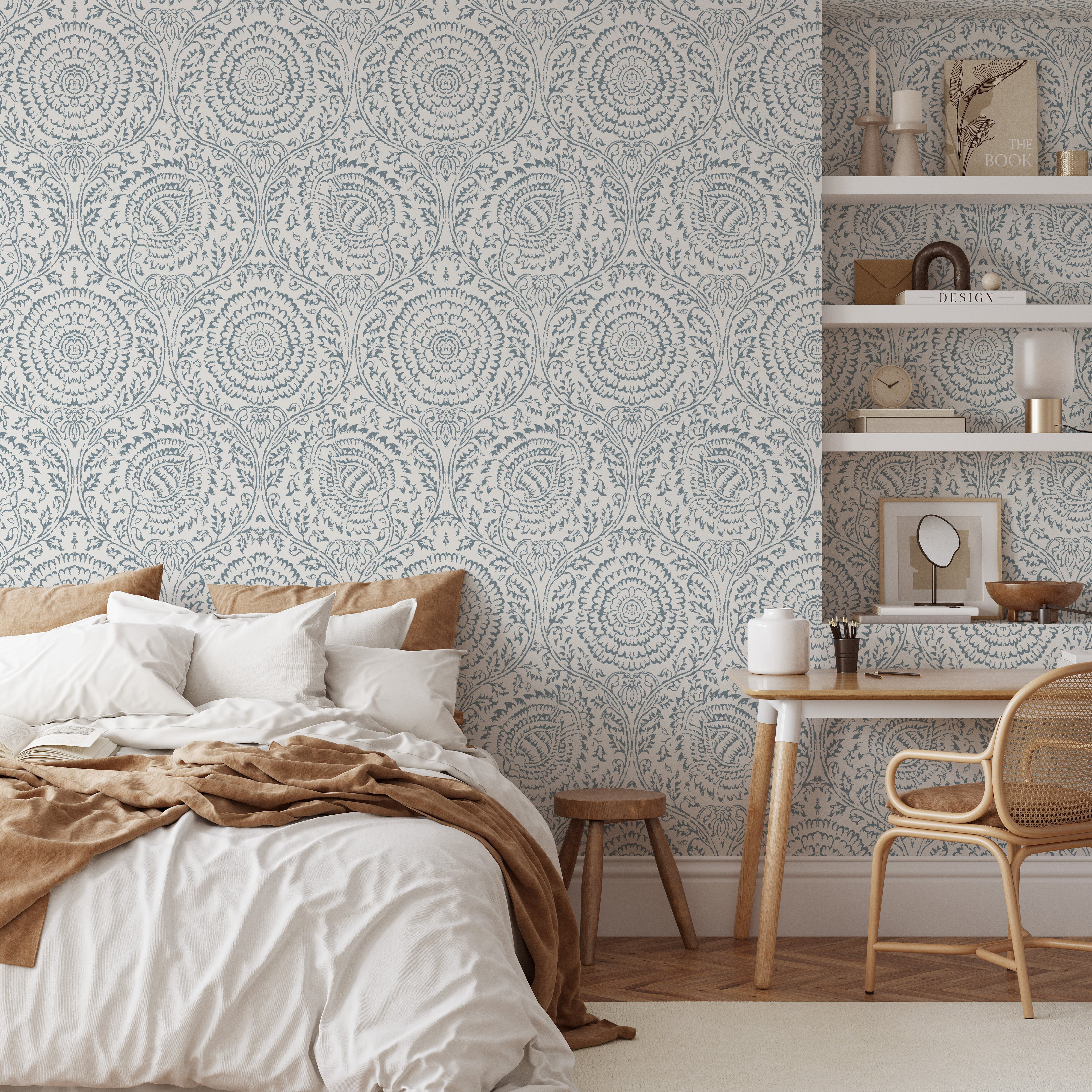 Chic White and Blue Damask Wallpaper