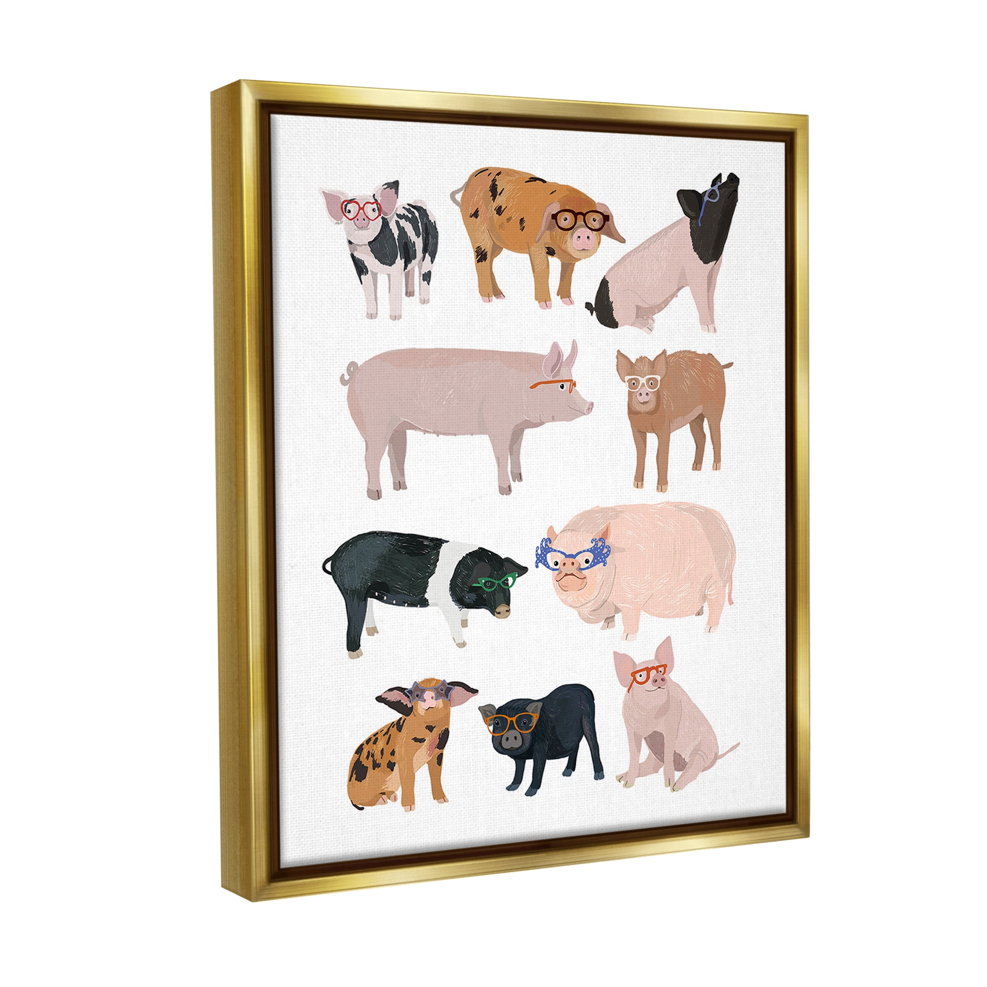 Stupell Industries Hipster Pigs in Glasses Animals & Insects Painting Gold Floater Framed Canvas Art Print Wall Art, 17 x 21