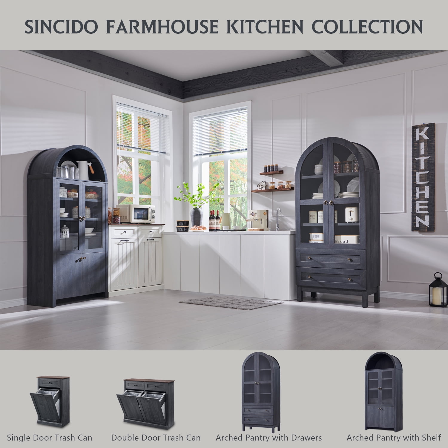 SinCiDo Arched Kitchen Pantry Storage Cabinet, 71" Tall Wood Pantry Shelves with 2 Doors & 2 Large Drawers for Dining Room Living Room