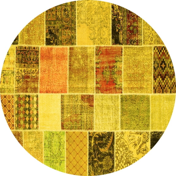 Ahgly Company Indoor Round Patchwork Yellow Transitional Area Rugs, 4' Round