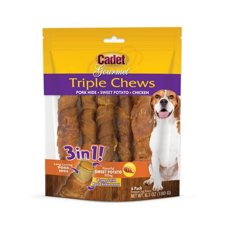 - Cadet Gourmet Triple Chews Dog Treat Pork-hide Wrapped in Chicken Stuffed with Sweet Potato, 6 Count