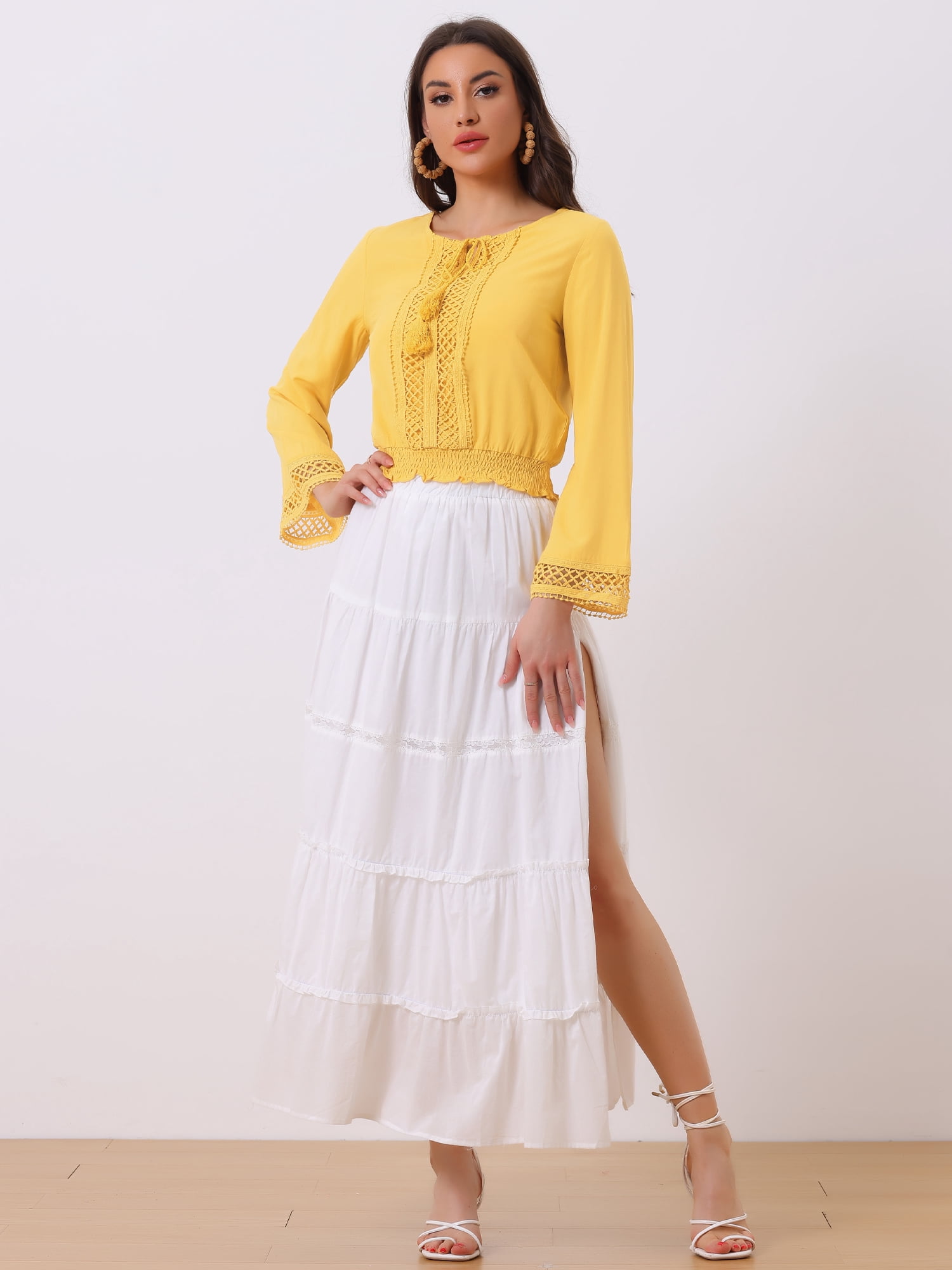 DARING DIVA Women's Lace Peasant Bell Sleeve Smocked Hem Cropped Boho Blouse M Yellow