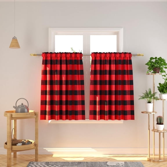Cafe Curtains 36 inches Long Buffalo Plaid Kitchen Tiers 2 Panels Rod Pocket Gingham Check Short Curtains Bathroom Navy Blue & White,Plaids Red&black,27"W x 36"L (Pack of 2)