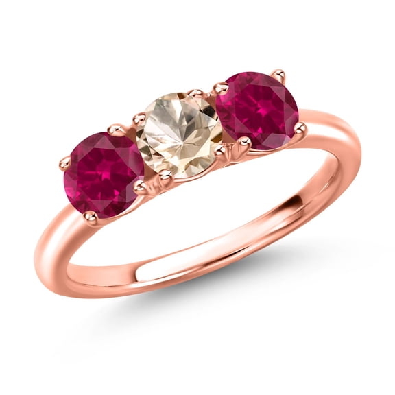 Gem Stone King 18K Rose Gold Plated Silver Peach Morganite and Red Created Ruby Engagement Ring for Women | 1.60 Cttw | Round 5MM | Gemstone October Birthstone | Size 8