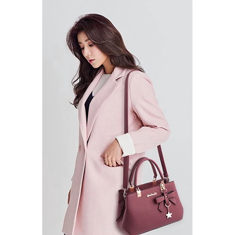 dressing bags for ladies Women's Medium PU Leather Handbag with Cross Strap, Top Handle Satchel,  Shoulder Tote, Plum Bow Crossbody Bag