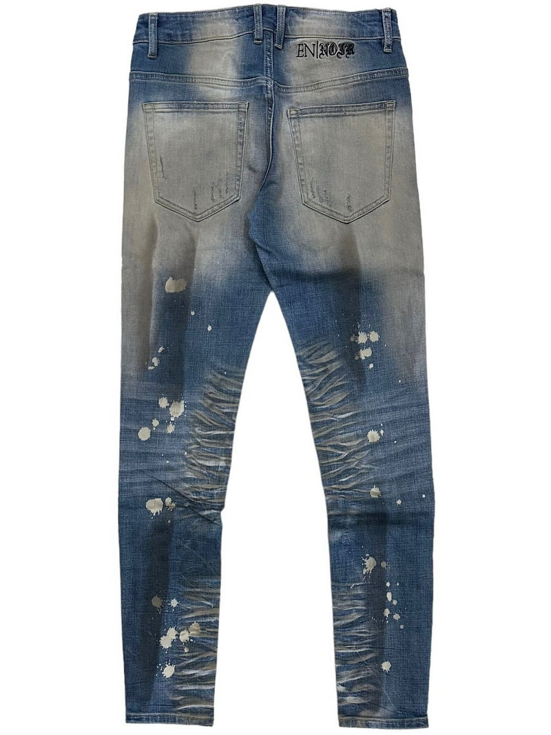 En Noir Men's Paint Splatter Rip & Repair Distressed Skinny Fit