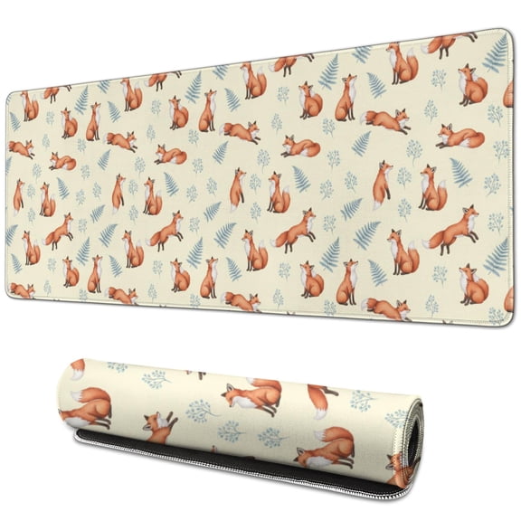 31.5x11.8 Inch Gaming Mouse Pad, Non-Slip Stitched Rubber Desk Mat for Desktop & Laptop,Fox Fern Leaf Beige Pattern