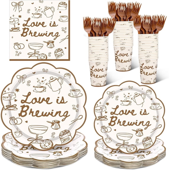 120 Pieces Love Is Brewing Bridal Shower Decorations Party Supplies Favors for 24 Guests, Paper Plates (7 and 9 Inch), Cups, Forks, Paper Napkins, Disposable Dinnerware