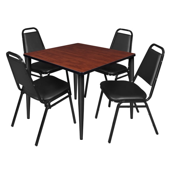 Romig Arco 36 in. Square Breakroom Table- Cherry Top, Black Base & 4 Restaurant Stack Chairs- Black
