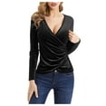 thumbnail image 2 of YEJIMAN Long Sleeve T-shirt, Black Shirt Women, Women Deep V Neck Long Sleeve Velvet Unique Cross Wrap Slim Fit Tops,, 2 of 7