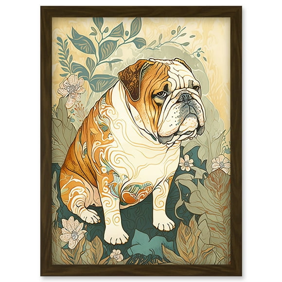 Bulldog with Ornate Pattern Fur Coat in Flower Field Modern Watercolour Illustration Artwork Framed Wall Art Print A4